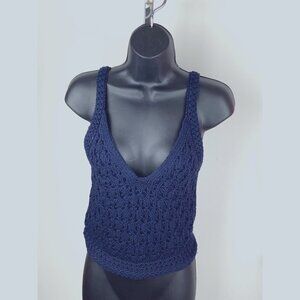 Vince crochet Cotton top XS navy lined short v neck sleeveless